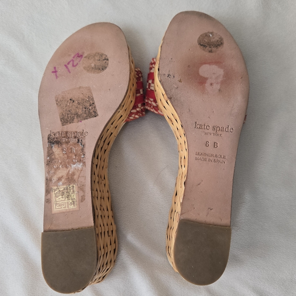 Kate Spade Red and Cream Checkered Woven Wicker Espadrilles Wedge Sandals 8B - Picture 8 of 10